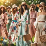 DALL·E 2025-02-22 11.02.19 - A vibrant fashion scene showcasing Spring_Summer trends. The image features a group of stylish individuals outdoors in a sunny park, wearing flowing f